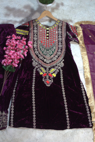 Wine Viscose Velvet Embroidered Top & Pant Set with Georgette Dupatta ClothsVilla