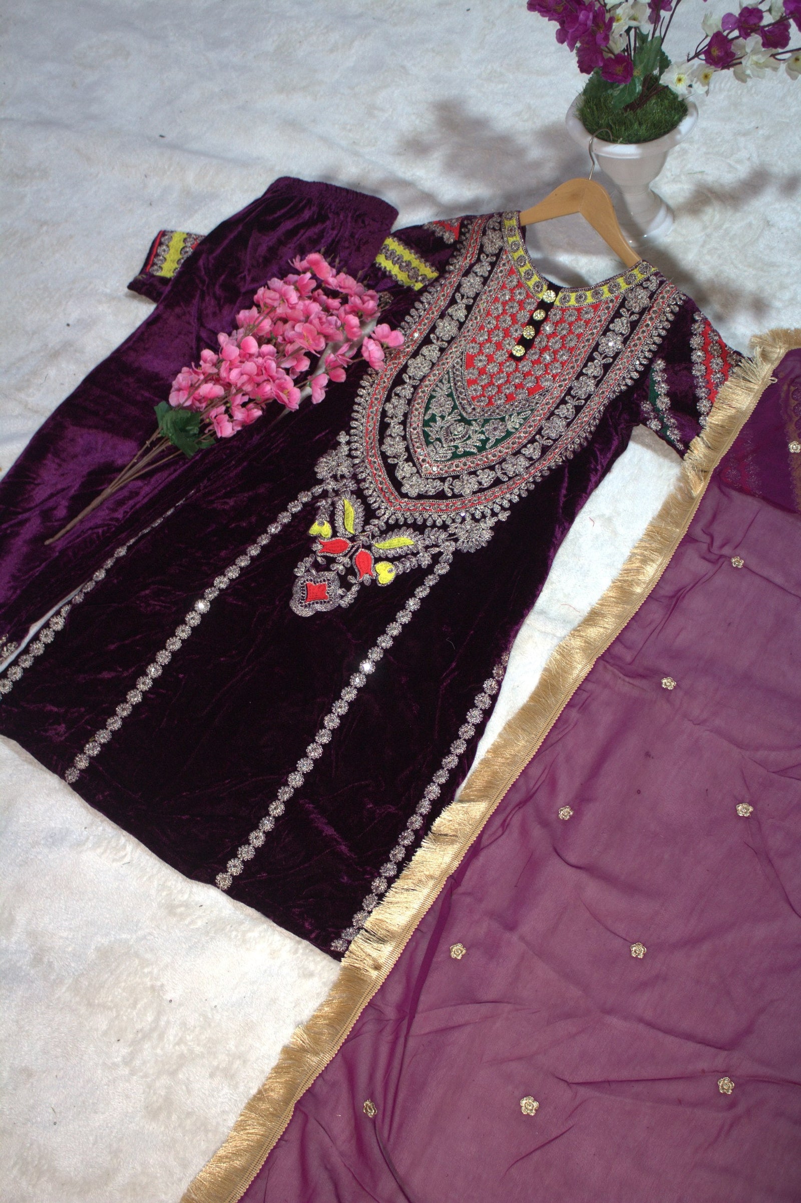 Wine Viscose Velvet Embroidered Top & Pant Set with Georgette Dupatta ClothsVilla