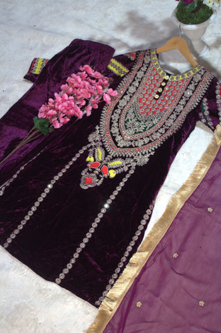 Wine Viscose Velvet Embroidered Top & Pant Set with Georgette Dupatta ClothsVilla