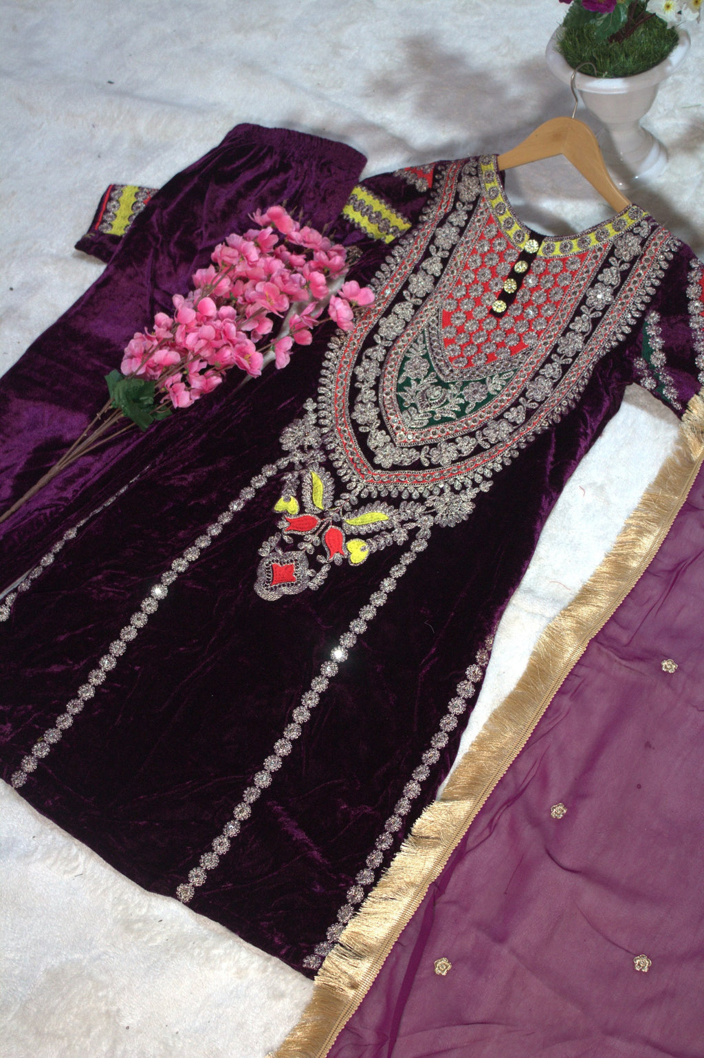 Wine Viscose Velvet Embroidered Top & Pant Set with Georgette Dupatta ClothsVilla