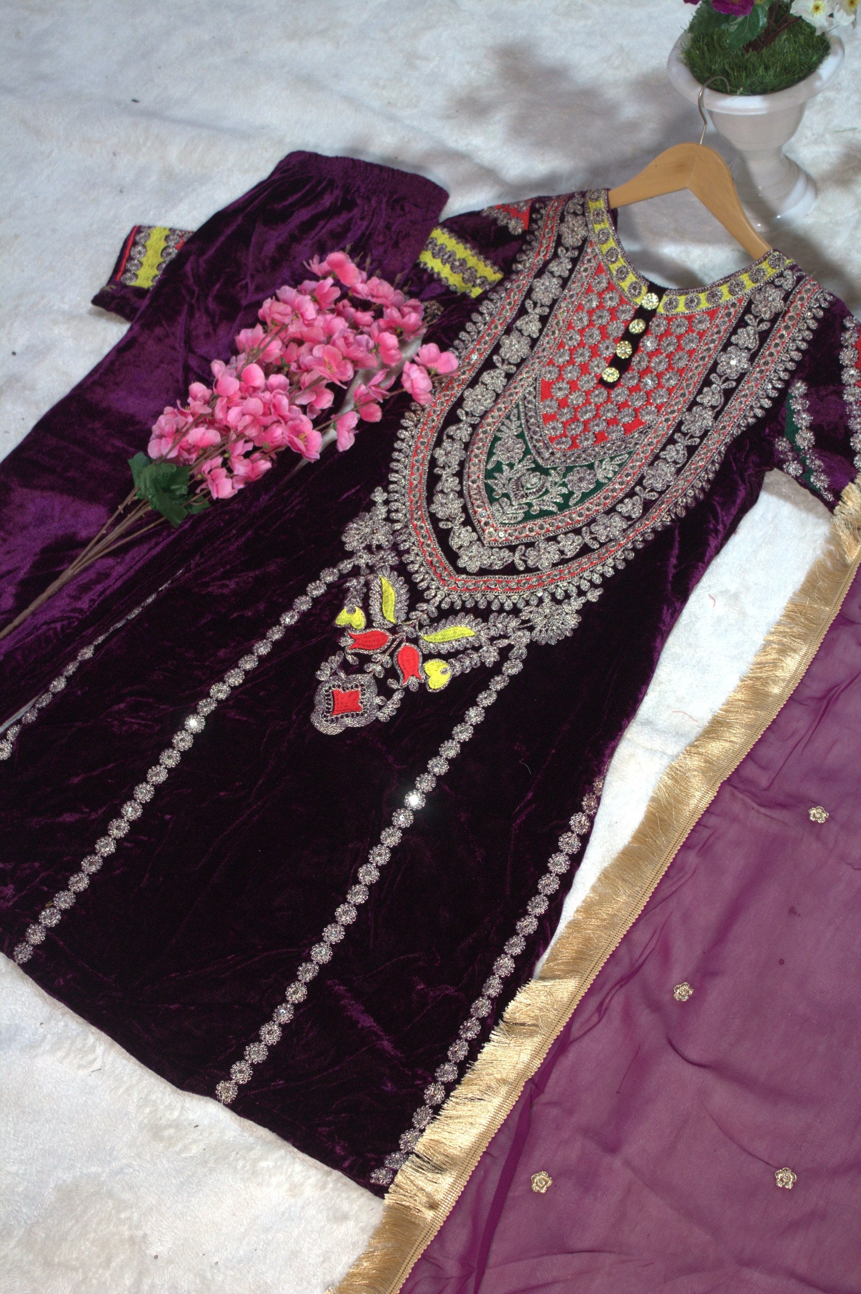 Wine Viscose Velvet Embroidered Top & Pant Set with Georgette Dupatta ClothsVilla