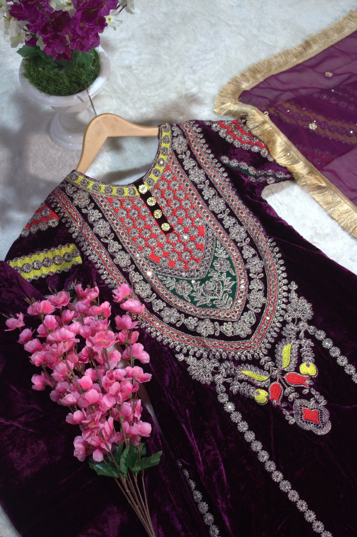 Wine Viscose Velvet Embroidered Top & Pant Set with Georgette Dupatta ClothsVilla