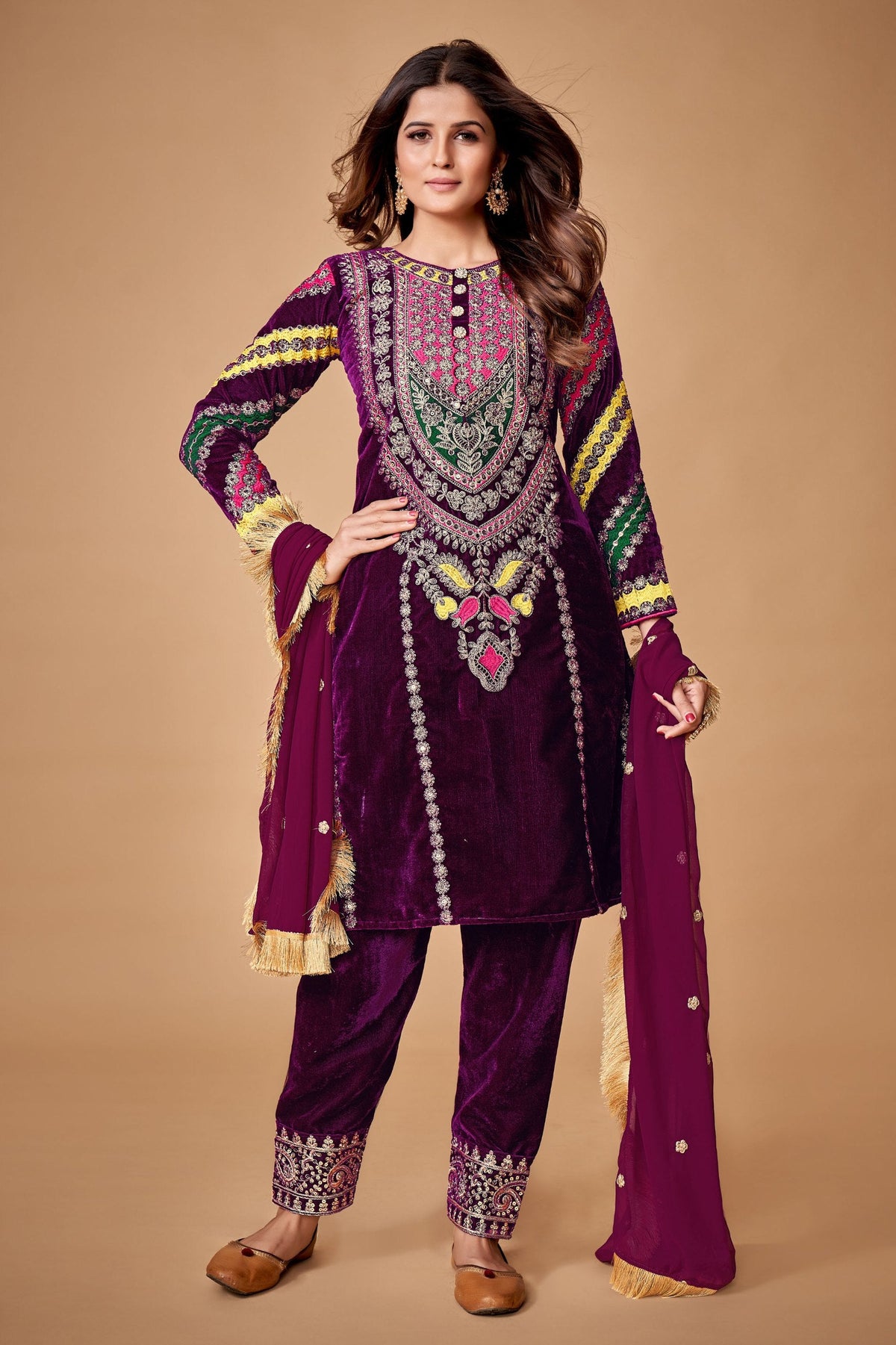 Wine Viscose Velvet Embroidered Top & Pant Set with Georgette Dupatta ClothsVilla
