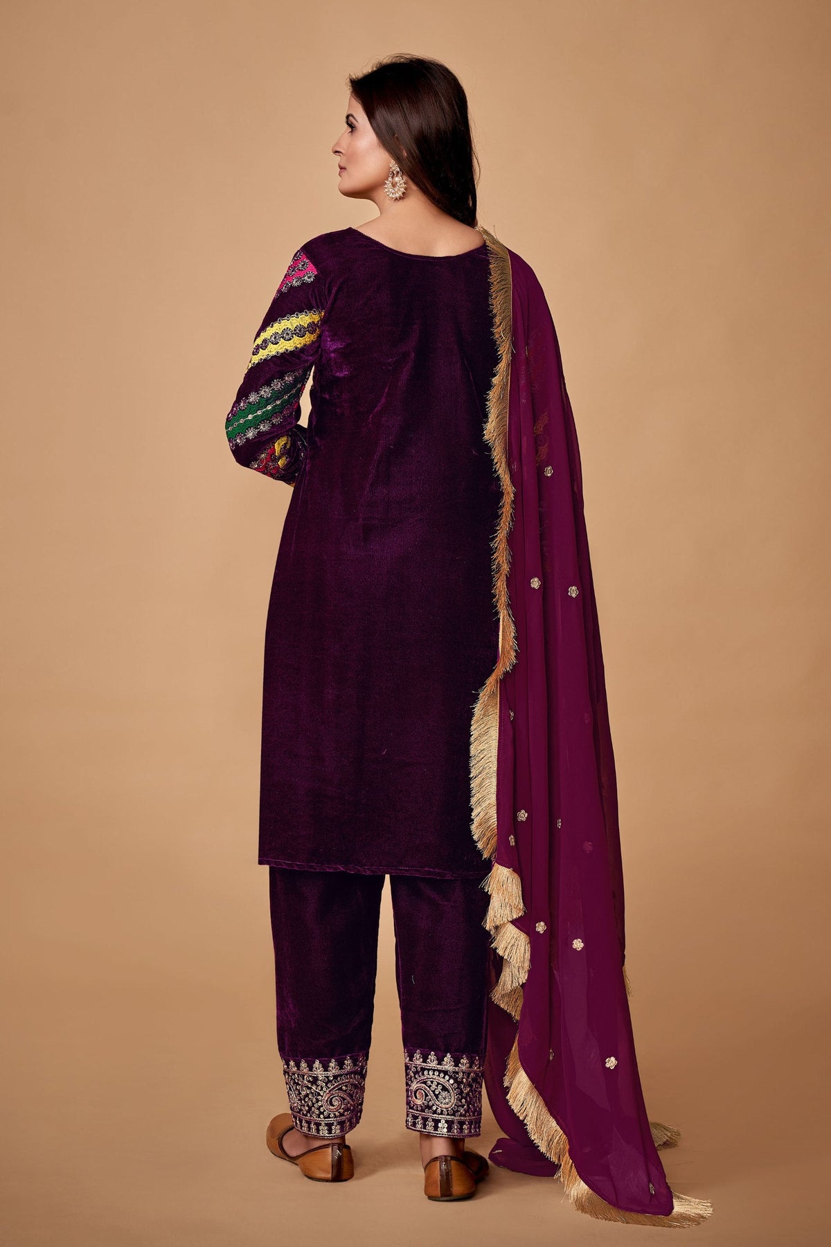 Wine Viscose Velvet Embroidered Top & Pant Set with Georgette Dupatta ClothsVilla