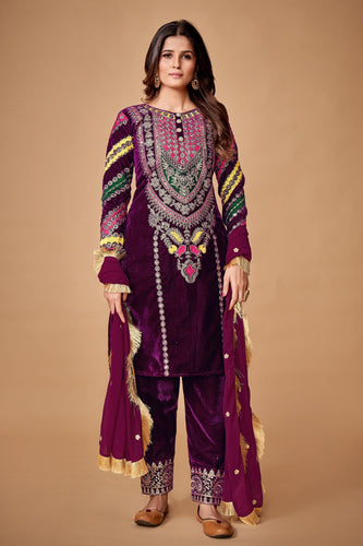 Wine Viscose Velvet Embroidered Top & Pant Set with Georgette Dupatta ClothsVilla