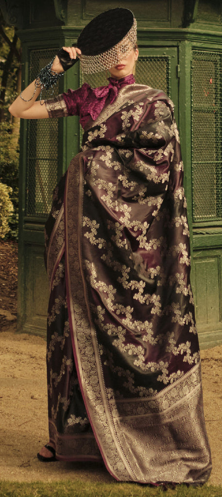 Wine Woven Satin Silk Blend Saree with Tassels – Unstitched Blouse Piece ClothsVilla