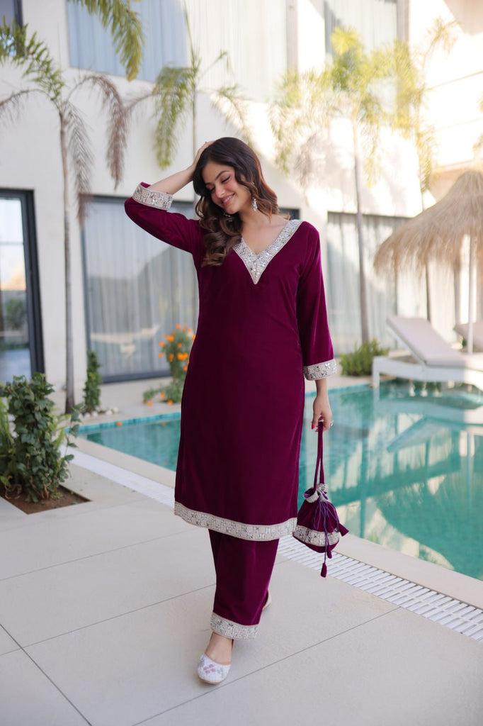 Wine Zari & Real Mirror Work Kurta Pant Set with Batwa Clothsvilla