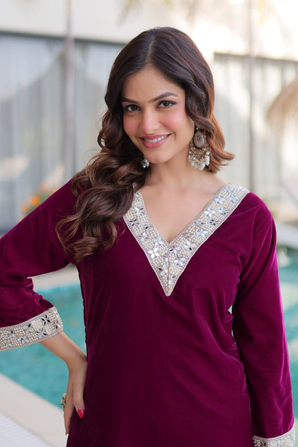 Wine Zari & Real Mirror Work Kurta Pant Set with Batwa Clothsvilla