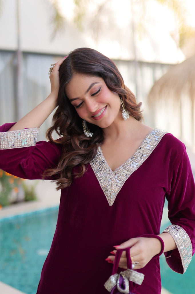 Wine Zari & Real Mirror Work Kurta Pant Set with Batwa Clothsvilla