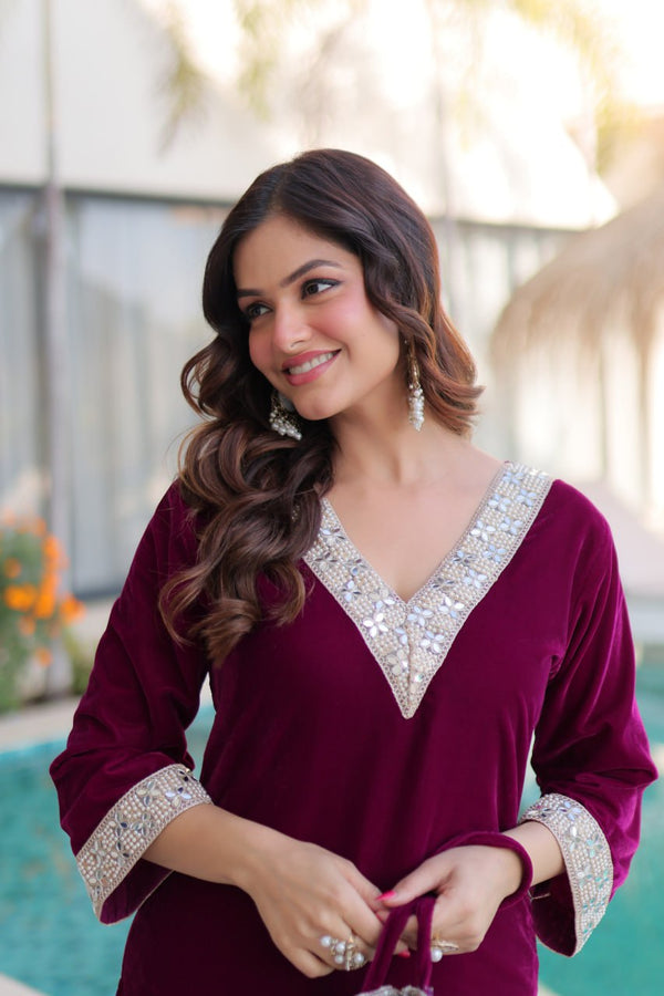 Wine Zari & Real Mirror Work Kurta Pant Set with Batwa Clothsvilla