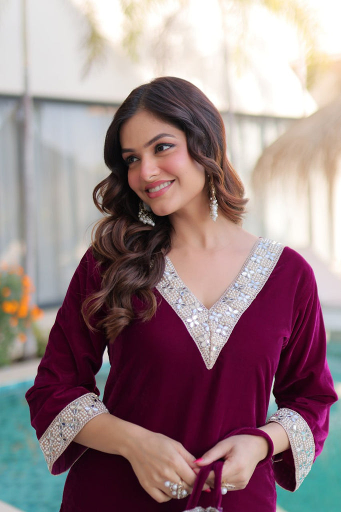 Wine Zari & Real Mirror Work Kurta Pant Set with Batwa Clothsvilla