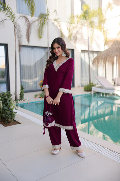 Wine Zari & Real Mirror Work Kurta Pant Set with Batwa Clothsvilla Main image