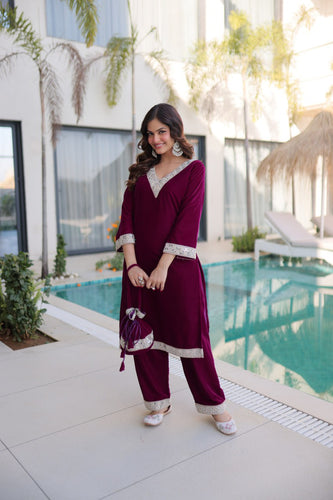 Wine Zari & Real Mirror Work Kurta Pant Set with Batwa Clothsvilla
