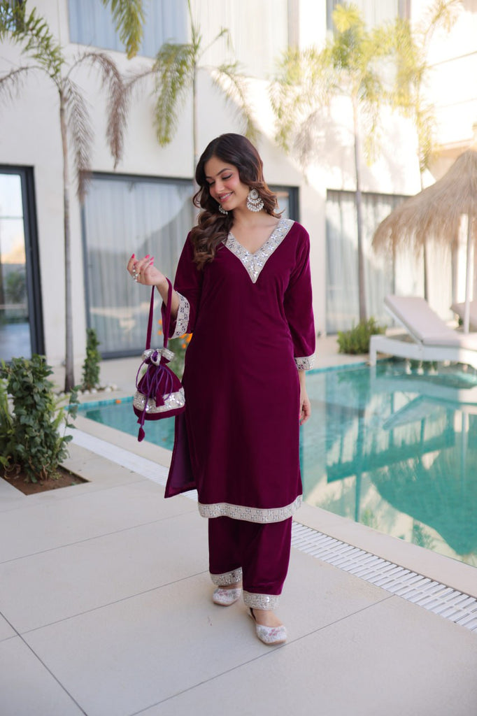 Wine Zari & Real Mirror Work Kurta Pant Set with Batwa Clothsvilla