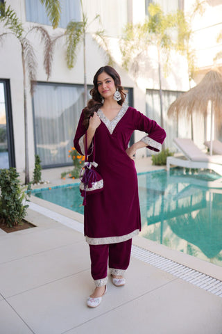 Wine Zari & Real Mirror Work Kurta Pant Set with Batwa Clothsvilla