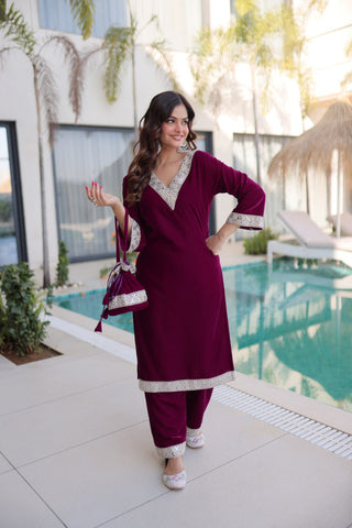 Wine Zari & Real Mirror Work Kurta Pant Set with Batwa Clothsvilla