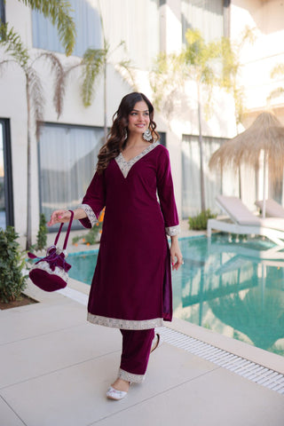 Wine Zari & Real Mirror Work Kurta Pant Set with Batwa Clothsvilla