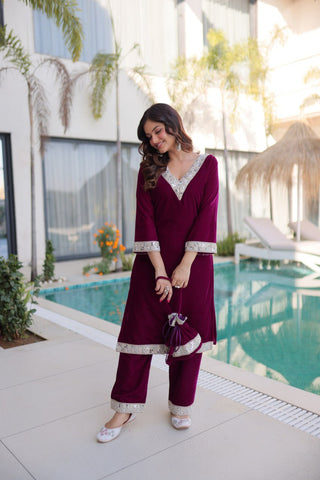 Wine Zari & Real Mirror Work Kurta Pant Set with Batwa Clothsvilla