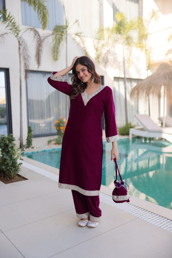 Wine Zari & Real Mirror Work Kurta Pant Set with Batwa Clothsvilla