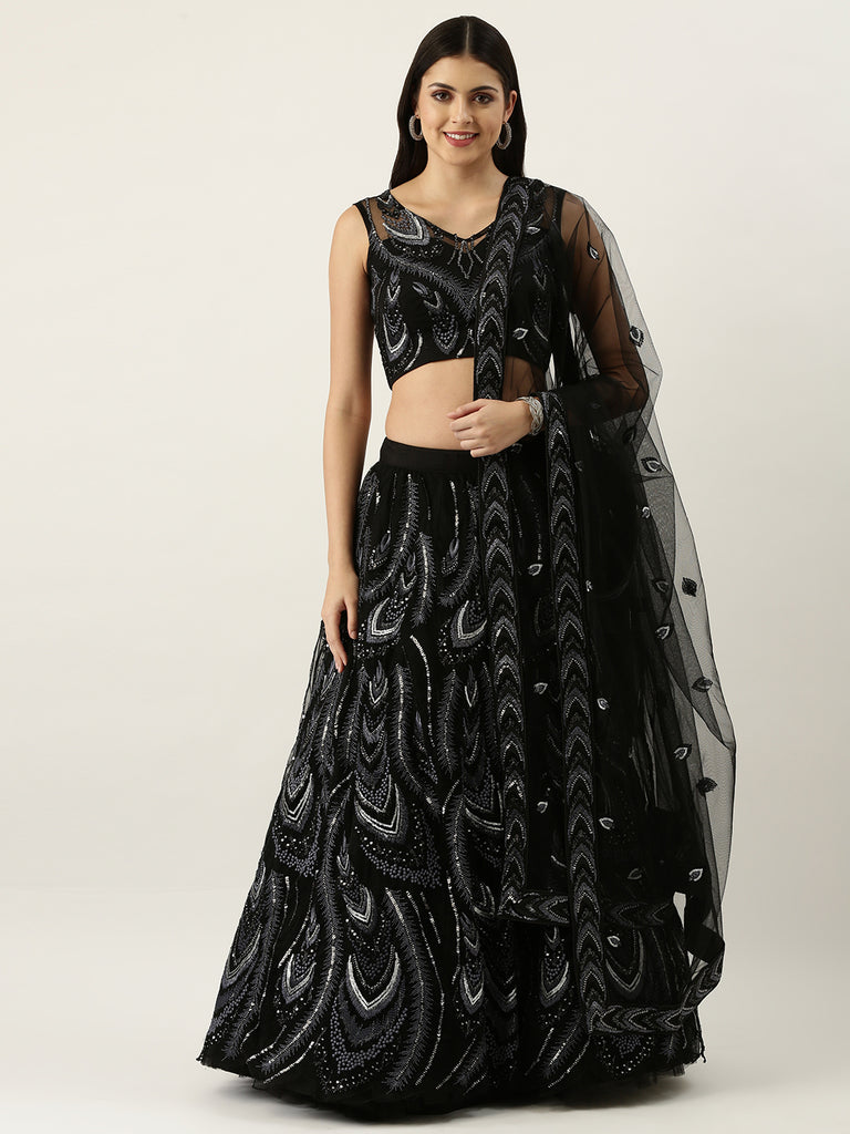 Women Black Net Sequins Embroidered Semi-Stitched Lehenga & Blouse with Dupatta ClothsVilla.com