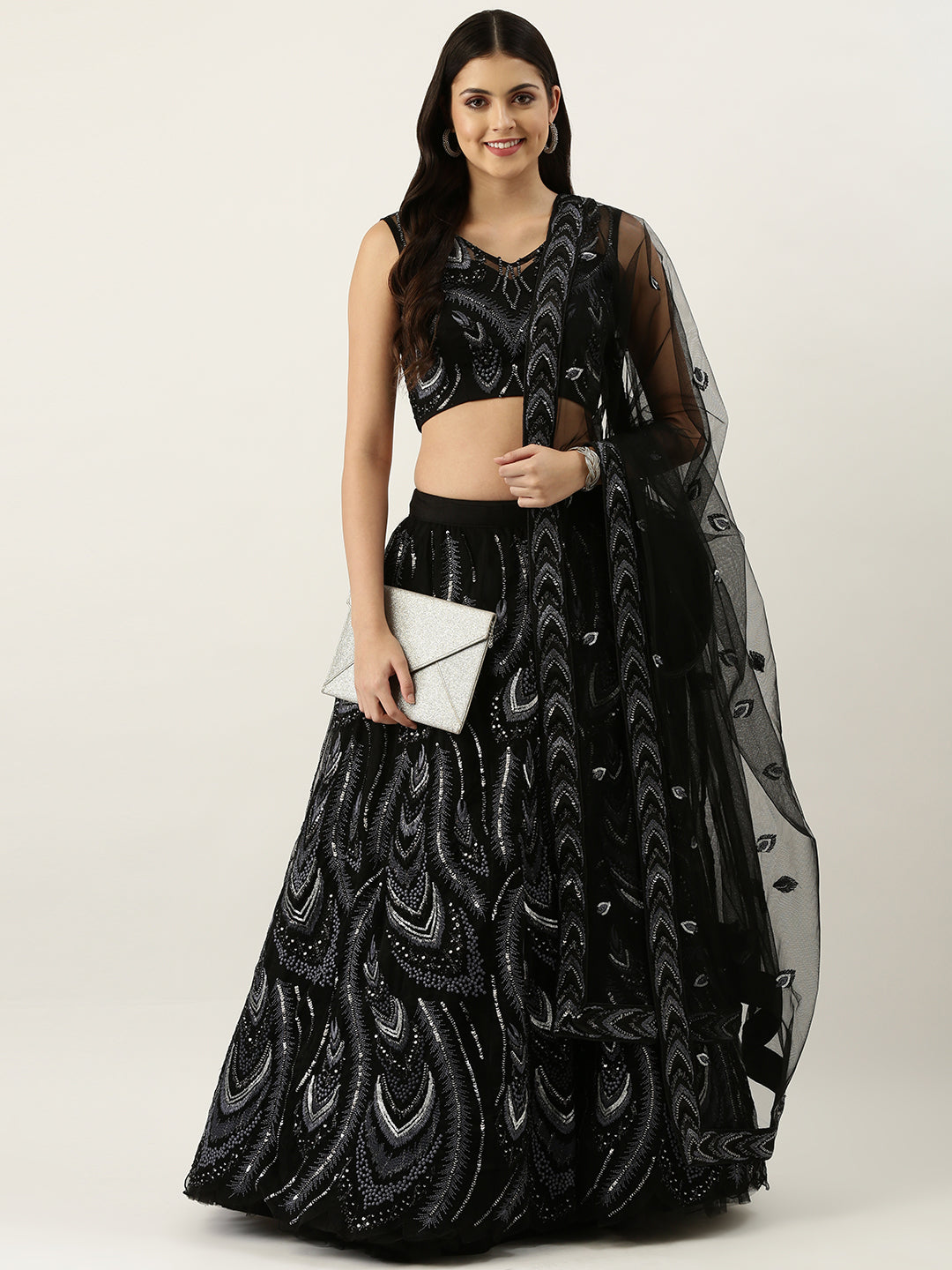 Women Black Net Sequins Embroidered Semi-Stitched Lehenga & Blouse with Dupatta ClothsVilla.com