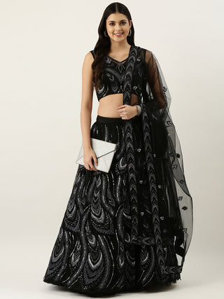 Women Black Net Sequins Embroidered Semi-Stitched Lehenga & Blouse with Dupatta ClothsVilla.com