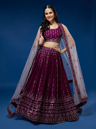 Women Burgundy Pure Georgette Sequinse Embroidered Semi-Stitched Lehenga & Blouse, Dupatta Clothsvilla