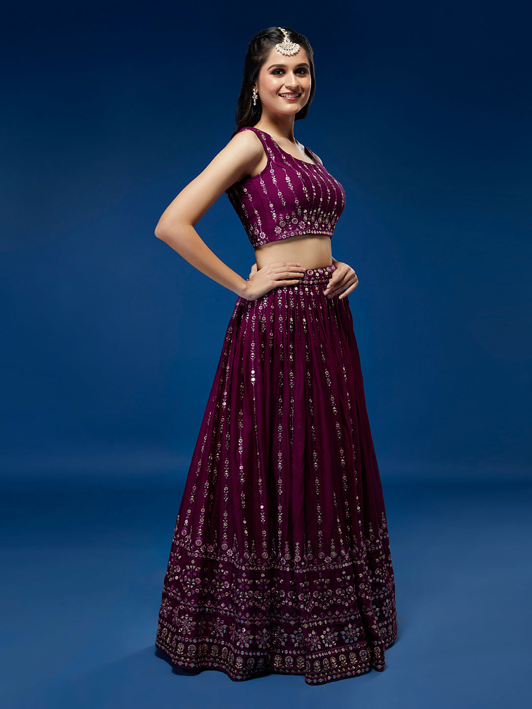 Women Burgundy Pure Georgette Sequinse Embroidered Semi-Stitched Lehenga & Blouse, Dupatta Clothsvilla