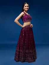 Load image into Gallery viewer, Women Burgundy Pure Georgette Sequinse Embroidered Semi-Stitched Lehenga &amp; Blouse, Dupatta Clothsvilla