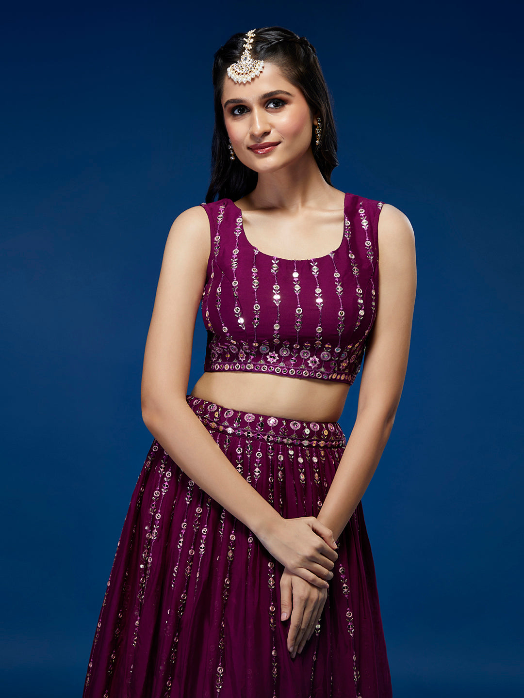 Women Burgundy Pure Georgette Sequinse Embroidered Semi-Stitched Lehenga & Blouse, Dupatta Clothsvilla