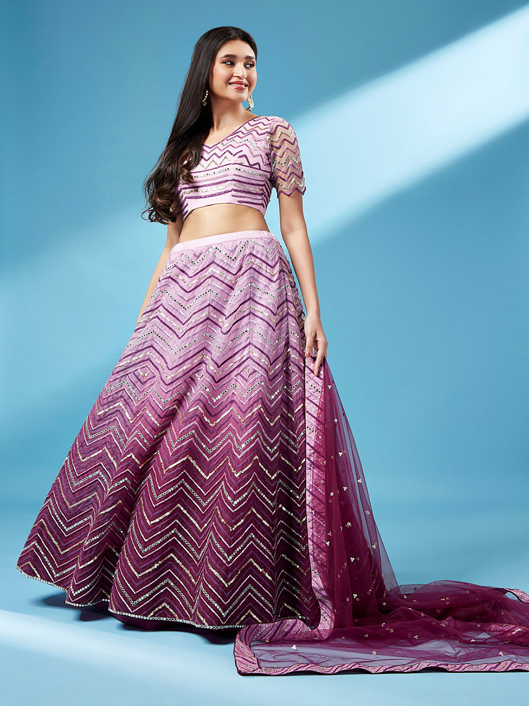 Women Lavender Net Zig-Zag Embroidered Semi-Stitched Lehenga, Unstitched Blouse & Dupatta Clothsvilla Main image