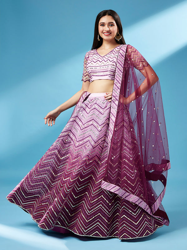 Women Lavender Net Zig-Zag Embroidered Semi-Stitched Lehenga, Unstitched Blouse & Dupatta Clothsvilla