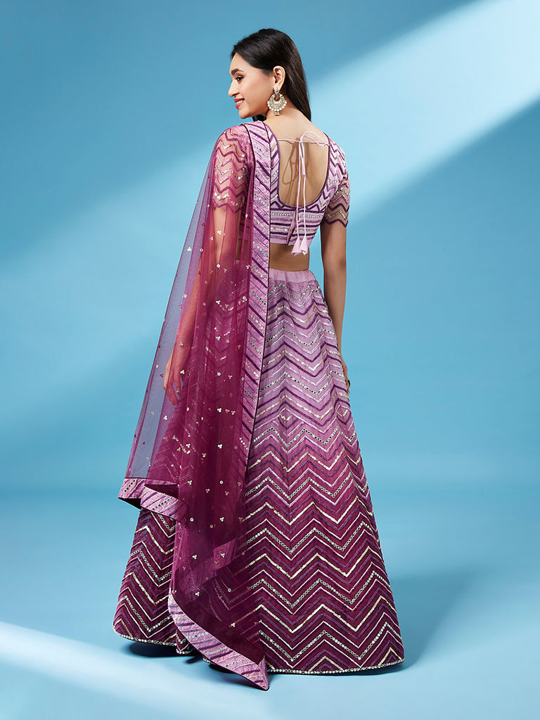 Women Lavender Net Zig-Zag Embroidered Semi-Stitched Lehenga, Unstitched Blouse & Dupatta Clothsvilla