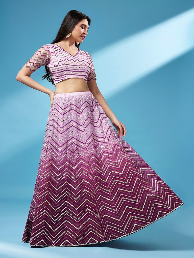 Women Lavender Net Zig-Zag Embroidered Semi-Stitched Lehenga, Unstitched Blouse & Dupatta Clothsvilla