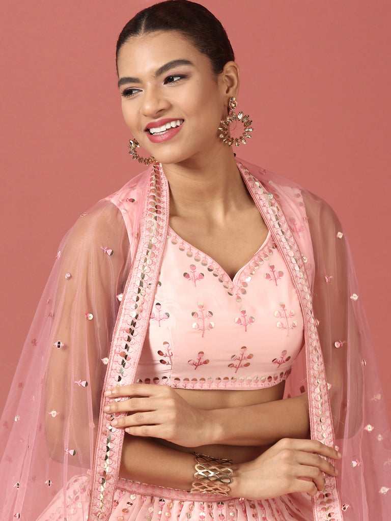 Women Peach Net Sequinse Embroidered Semi-Stitched Lehenga & Blouse with Dupatta Clothsvilla