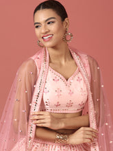 Load image into Gallery viewer, Women Peach Net Sequinse Embroidered Semi-Stitched Lehenga &amp; Blouse with Dupatta Clothsvilla