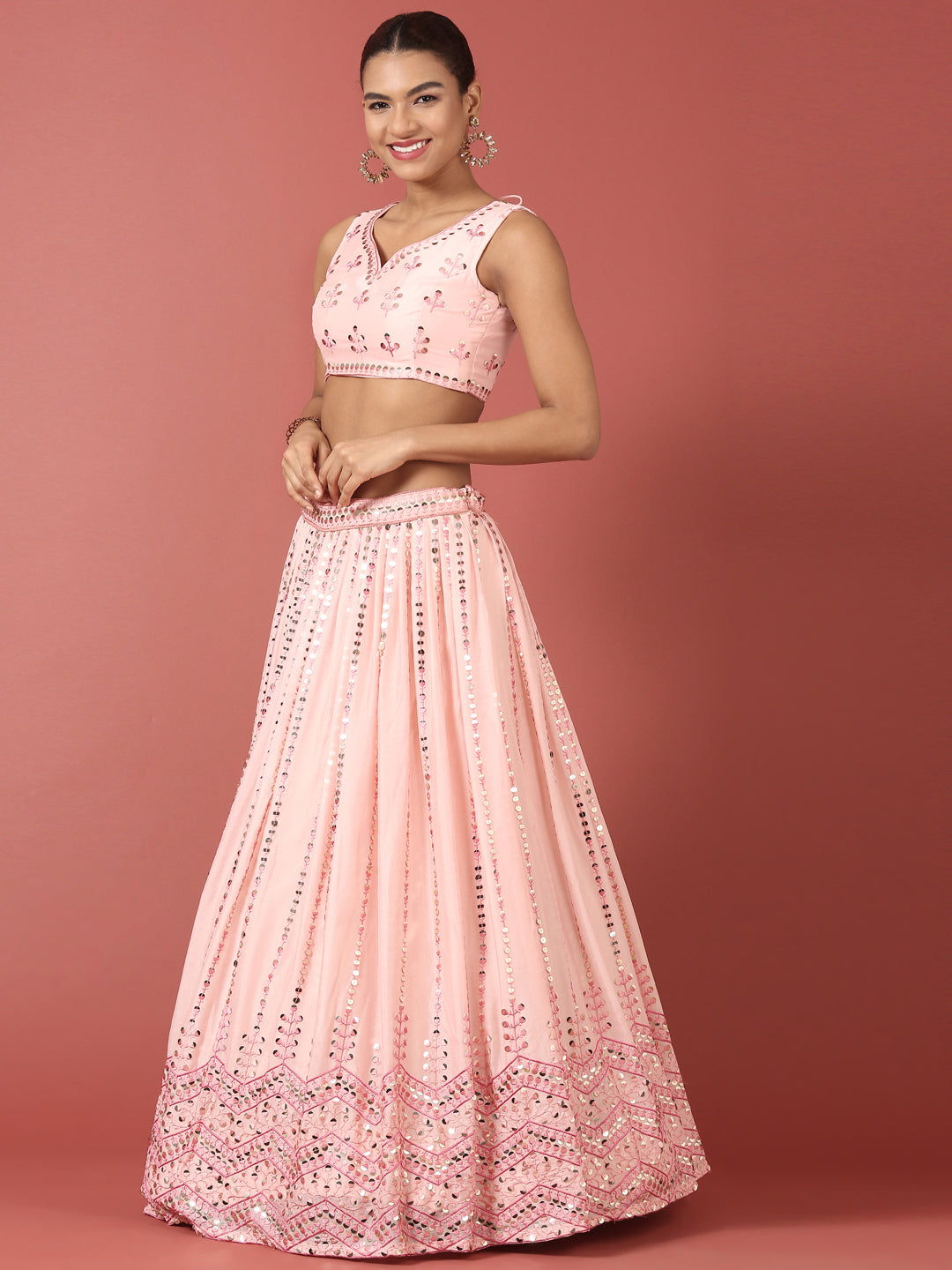 Women Peach Net Sequinse Embroidered Semi-Stitched Lehenga & Blouse with Dupatta Clothsvilla