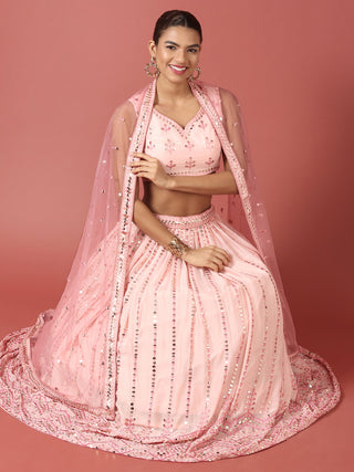 Women Peach Net Sequinse Embroidered Semi-Stitched Lehenga & Blouse with Dupatta Clothsvilla