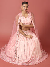 Load image into Gallery viewer, Women Peach Net Sequinse Embroidered Semi-Stitched Lehenga &amp; Blouse with Dupatta Clothsvilla