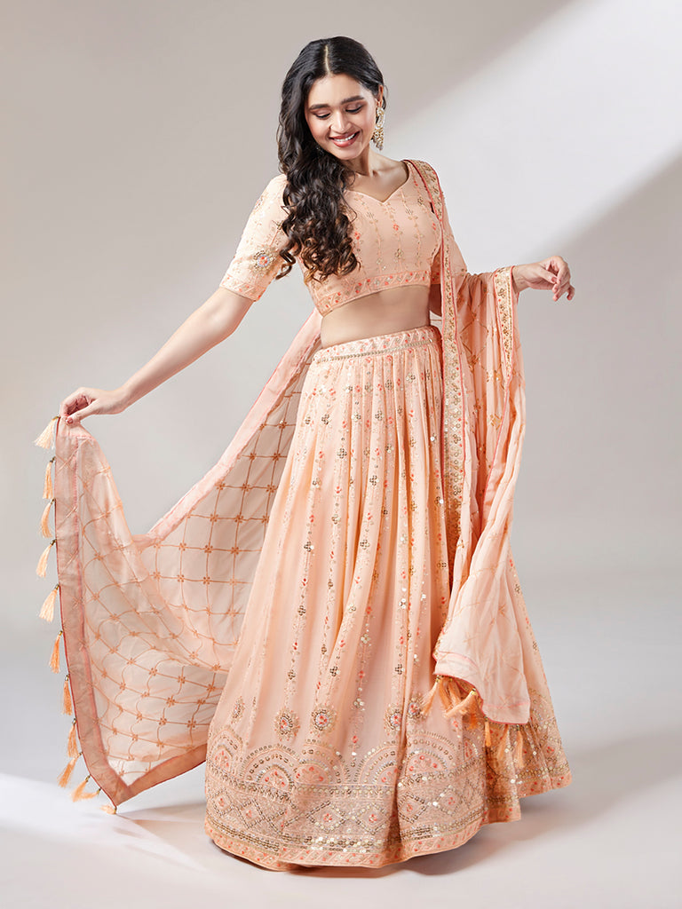 Women Peach Pure Georgette Embroidered Semi-Stitched Lehenga & Unstitched Blouse, Dupatta Clothsvilla