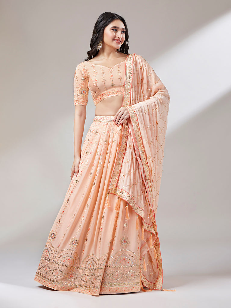 Women Peach Pure Georgette Embroidered Semi-Stitched Lehenga & Unstitched Blouse, Dupatta Clothsvilla