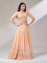 Load image into Gallery viewer, Women Peach Pure Georgette Embroidered Semi-Stitched Lehenga &amp; Unstitched Blouse, Dupatta Clothsvilla