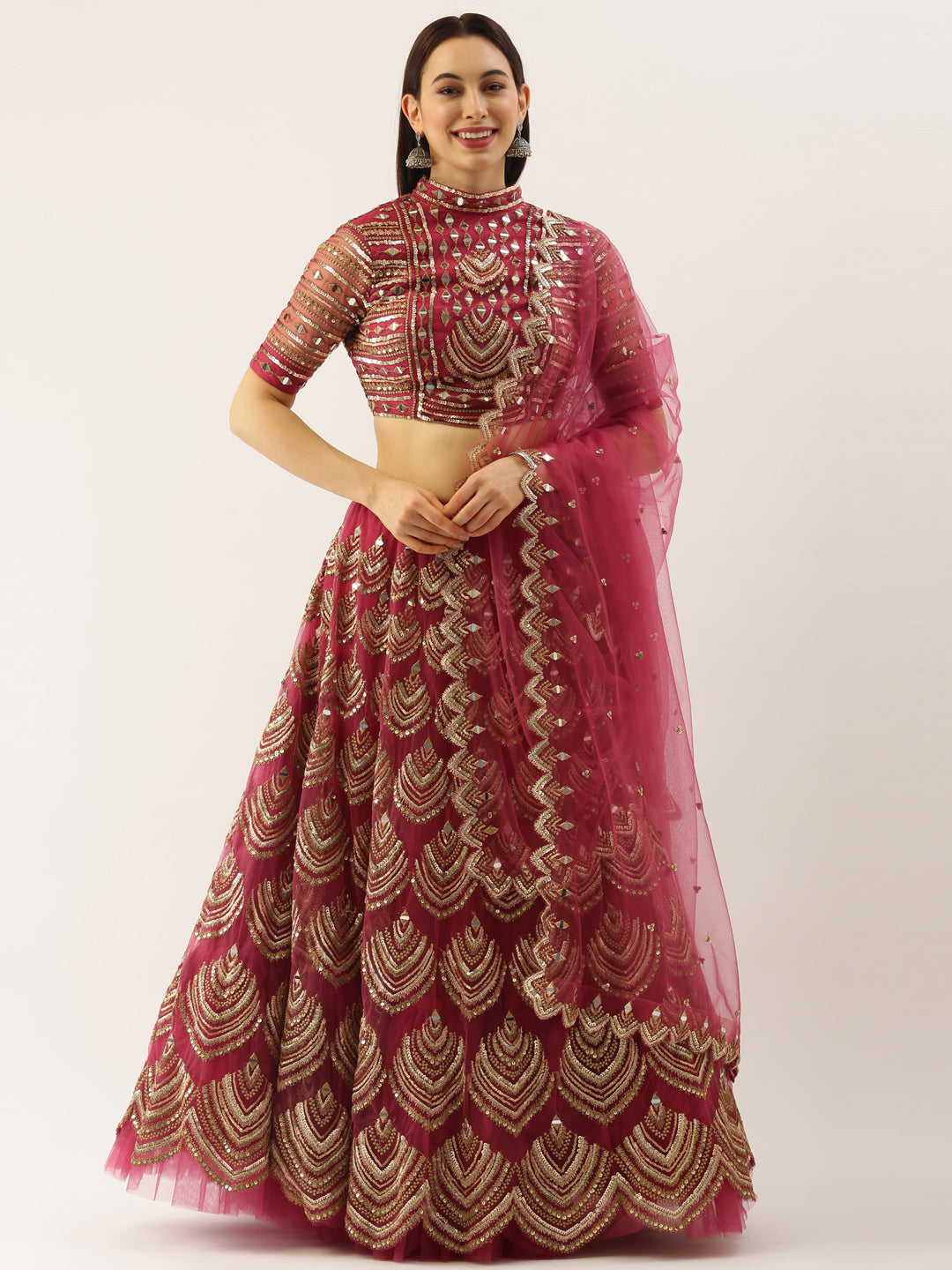 Women Rosegold Net Embroidered Mirror Semi-Stitched Lehenga & Unstitched Blouse with Dupatta Clothsvilla Main image
