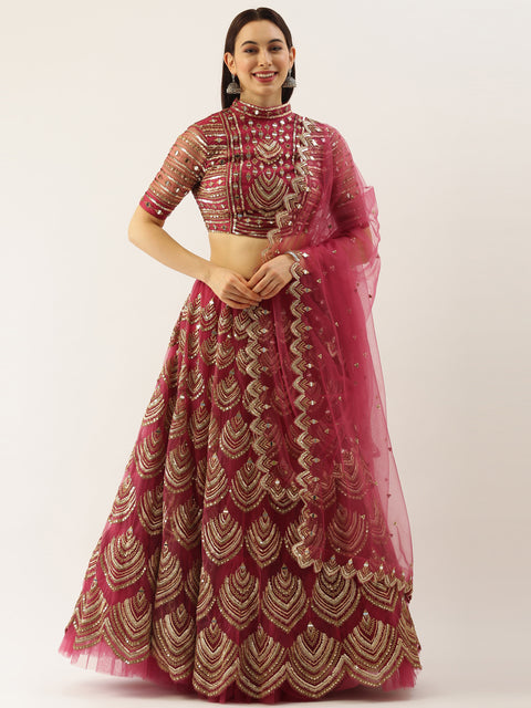 Women Rosegold Net Embroidered Mirror Semi-Stitched Lehenga & Unstitched Blouse with Dupatta Clothsvilla Main image