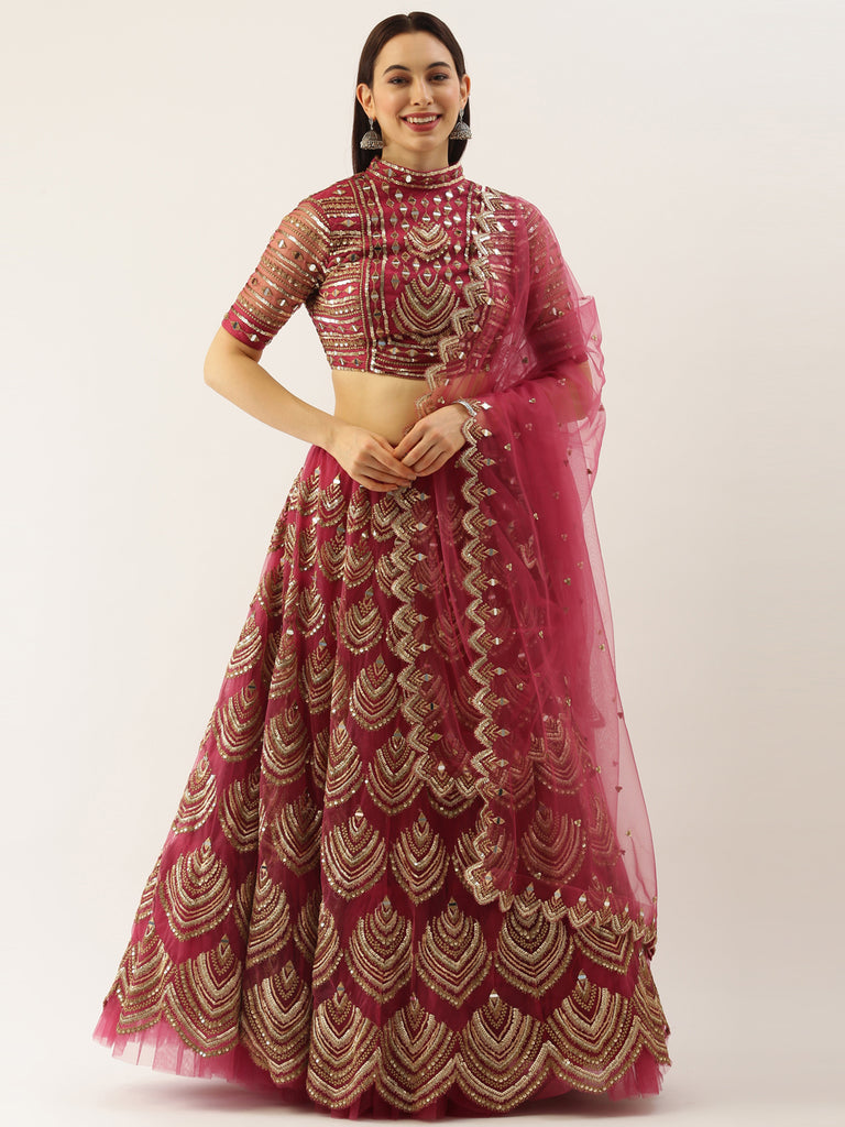 Women Rosegold Net Embroidered Mirror Semi-Stitched Lehenga & Unstitched Blouse with Dupatta Clothsvilla