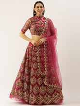 Load image into Gallery viewer, Women Rosegold Net Embroidered Mirror Semi-Stitched Lehenga &amp; Unstitched Blouse with Dupatta Clothsvilla