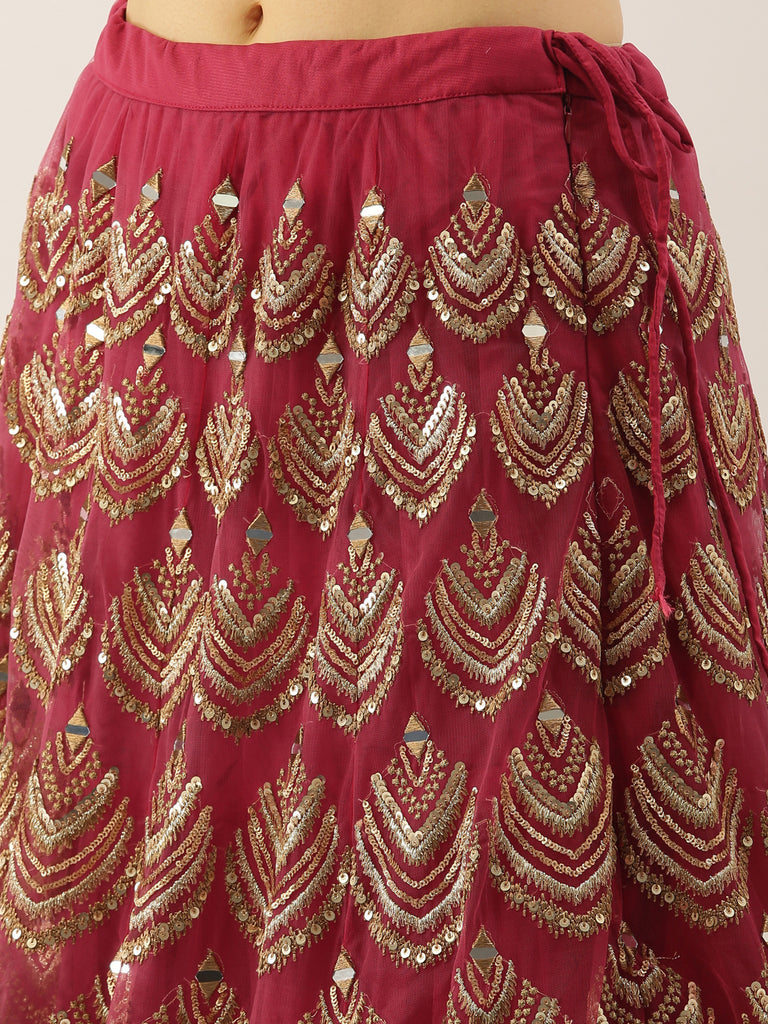 Women Rosegold Net Embroidered Mirror Semi-Stitched Lehenga & Unstitched Blouse with Dupatta Clothsvilla