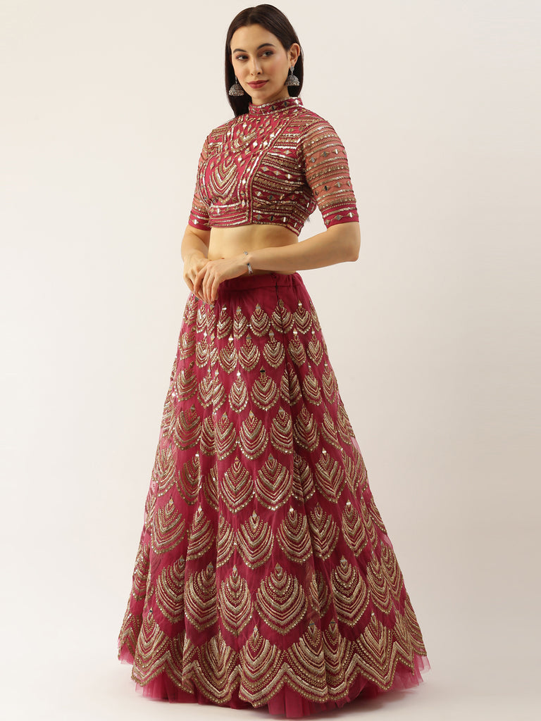 Women Rosegold Net Embroidered Mirror Semi-Stitched Lehenga & Unstitched Blouse with Dupatta Clothsvilla