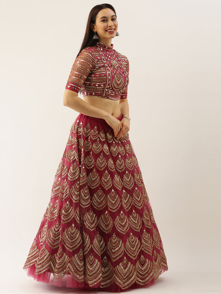 Women Rosegold Net Embroidered Mirror Semi-Stitched Lehenga & Unstitched Blouse with Dupatta Clothsvilla