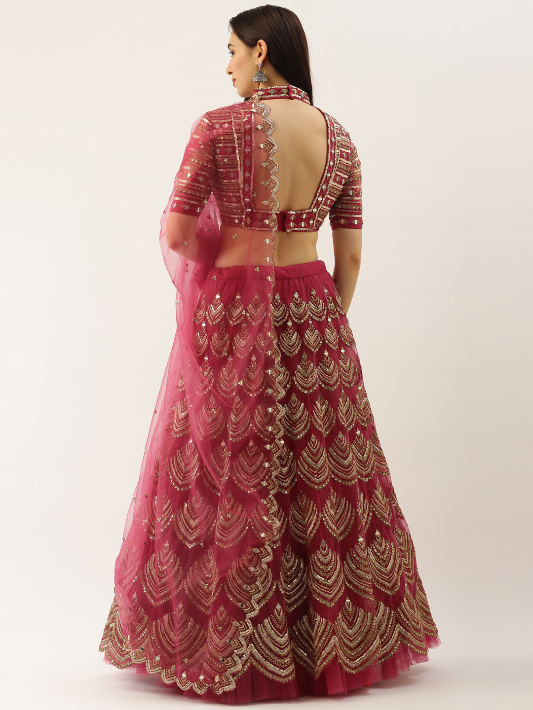 Women Rosegold Net Embroidered Mirror Semi-Stitched Lehenga & Unstitched Blouse with Dupatta Clothsvilla